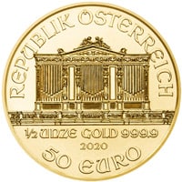 1/2 ounce Austrian gold Philharmonic coins, 50 Euro