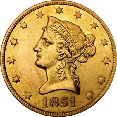 $10 Liberty gold coin obverse, minted in 1851