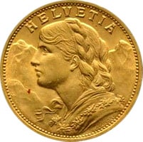 Swiss Helvetia 20 Francs gold coin 1898 reverse view