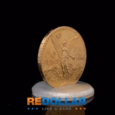The 50 Pesos gold coin obverse features the an angel symbolizing independence.