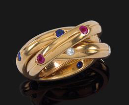 Cartier Trinity ring with diamonds, rubies, and sapphires