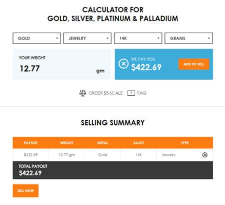 Calculator result for 12.77g 14k gold