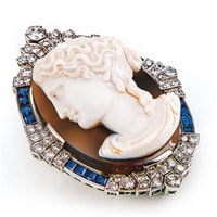 Agate Cameo brooch with diamonds and blue sapphires