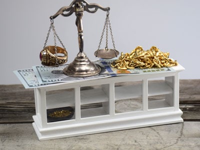 Scale, Gold & Cash for Payment on Counter Top 