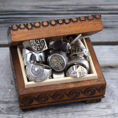 vintage and antique silver rings in jewelry box
