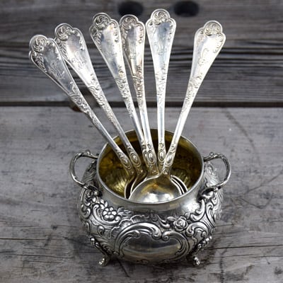 antique .925 silver spoons in sugar box