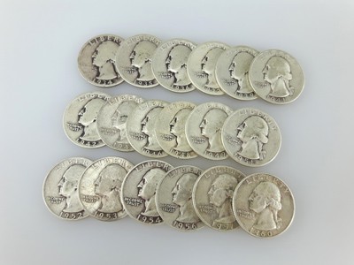 stock image: assorted silver quarter coins 1934 to 1960