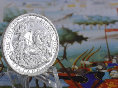 stock image: Britannia silver bullion coin and war scene