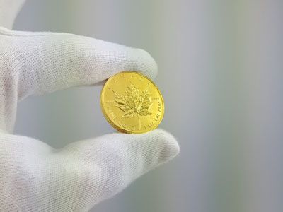 stock image: pure gold, Canadian maple Leaf gold coin