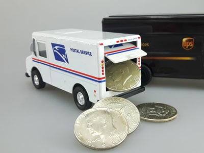 stock image: USPS and UPS trucks shipping silver coins