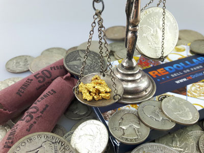 stock image: Pennies coin rolls, American silver coins, gold nuggets