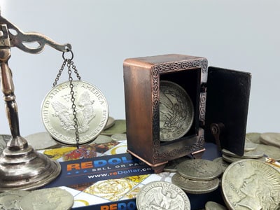stock image: scale for silver coins and safe for valuables