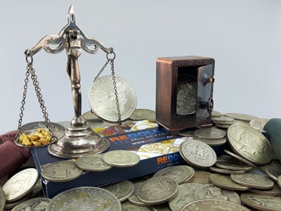 stock image: scale, gold nuggets, silver coin collection, safe, coins