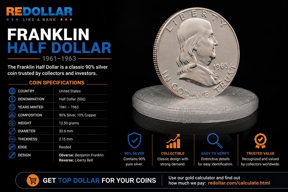 Franklin Silver Half Dollar Coin Spec Table Banner Franklin Half Dollar Coin along with coin specifications.