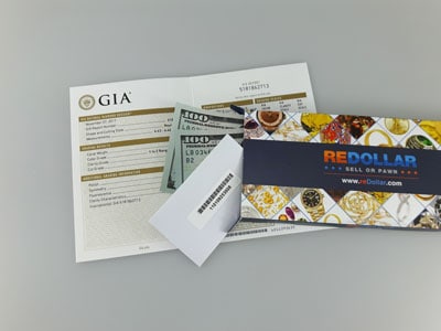 stock image: GIA diamond report, 100 dollar bills, diamonds