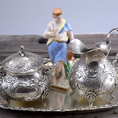 antique silver tray, sugar bowl, milk can and 19th century porcelain figurine