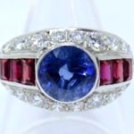 stunning white gold diamond, ruby and sapphire ring