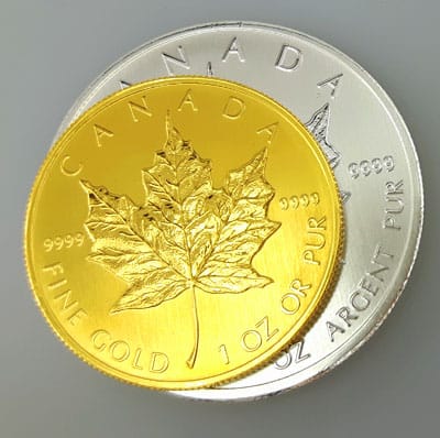 size comparison of gold and silver maple leaf coins