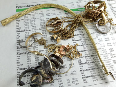 stock image: commodity prices, scrap gold, gold jewelry, newspaper, price news
