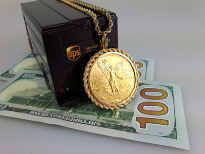 stock image: 50 Pesos gold coin, Pesos coin pendant, UPS, buy and sell