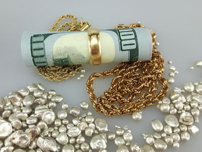 stock image: gold ring, 100 dollars, sterling silver, necklace