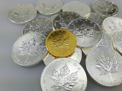 stock image: gold Maple Leaf coins, silver Maple Leaf coins
