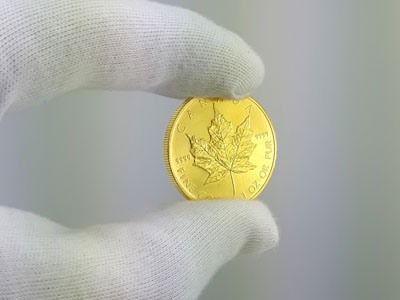 stock image: 1 ounce Maple Leaf gold bullion coin, cotton gloves