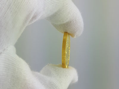 stock image: rim of a Maple leaf gold coin, hold in the hand