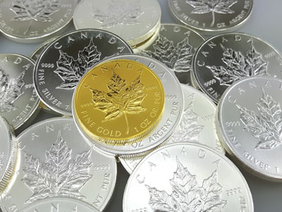 stock image: Maple Leaf coins made of gold and silver, 1 oz
