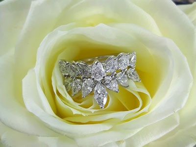 stock image: white gold ring with marquise diamonds