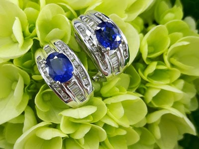 stock image: blue sapphire and diamonds, 18k white gold earrings