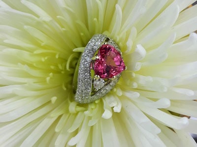 stock image: pink spinel and diamond white gold ring, 18K