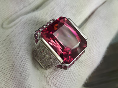 stock image: white gold ring with diamonds, giant pink tourmaline