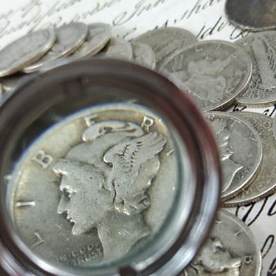 young Mercury displayed on Mercury Dime, magnifier view
