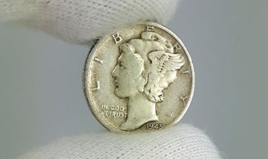Mercury Dime silver coin, minted 1945