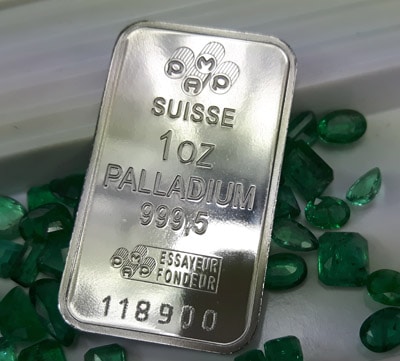 1 oz PAMP Suisse Palldium bar with emeralds