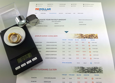 reDollar calculator sheet with loupe, scale and 18k gold rings