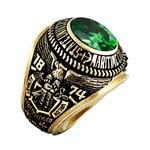 yellow gold class ring with green gemstone