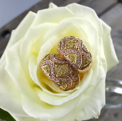 18k rose gold earrings with white and yellow diamonds