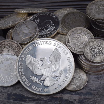 Lot of mixes scrap silver coins: American, British, French, and Indian coins