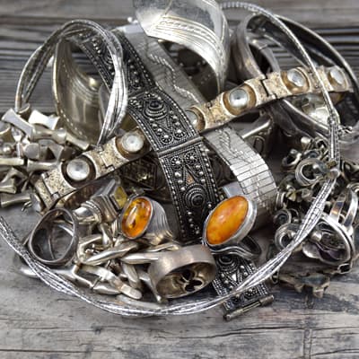 scrap silver jewelry: rings, bangles, chains, cuffs, necklaces