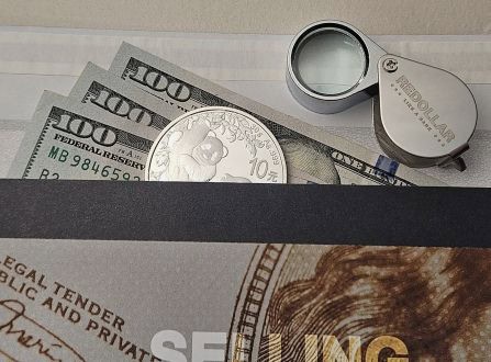 A China Panda silver coin along with dollar banknotes in a reDollar selling envelope.