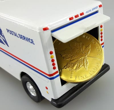 USPS truck for shipping and selling a Maple Leaf gold coin
