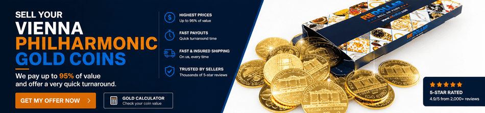 Sell Vienna Philharmonic Gold Coins Banner promoting reDollar's Philharmonic gold coin buy back program