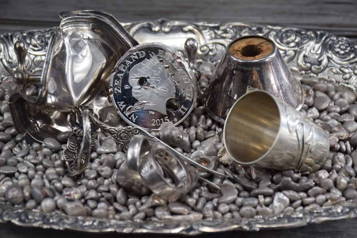 stock image: scrap silver, scrap silver coin, silver tray