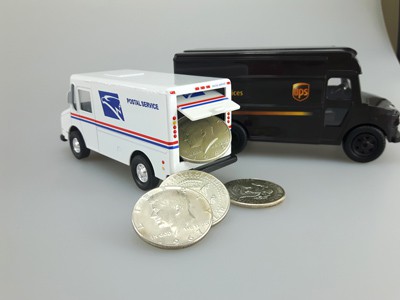 stock image: UPS truck, USPS truck, silver coins, buy and sell