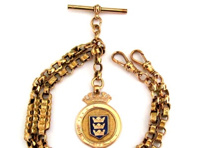 10 karat gold pocket watch chain with coat of arms